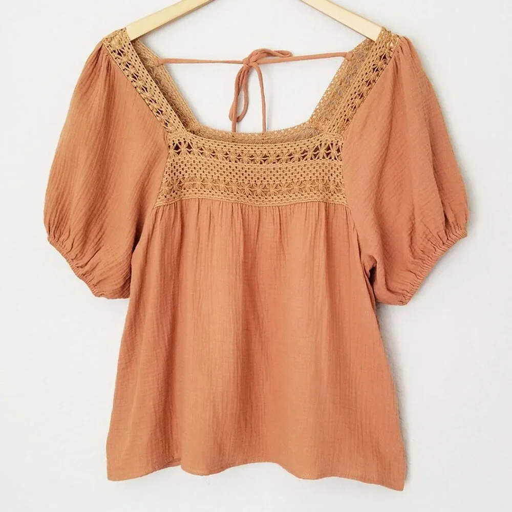 Bluivy Women's S Boho Crochet Lace Puff Sleeves Blouse Square Neck Camel Cotton - Picture 4 of 14